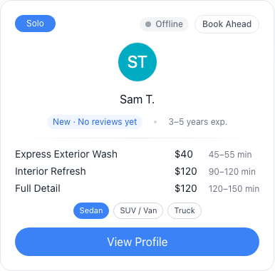 A Pro card on SilaGo's Find a Pro page: Sam T., 3–5 years experience, Express Exterior Wash $40, Interior Refresh $120, Full Detail $120, with Sedan, SUV/Van and Truck size tags and a View Profile button