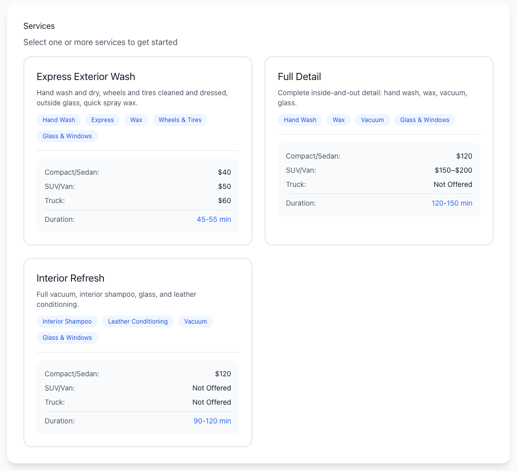A Pro's service menu on SilaGo with exact prices per vehicle size and durations