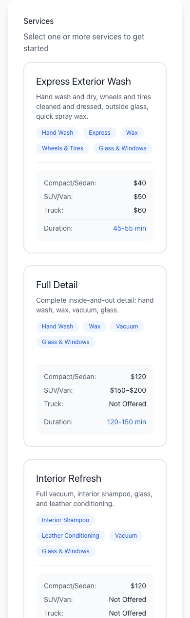 A Pro's service menu in the SilaGo app: Express Exterior Wash, Full Detail and Interior Refresh with an exact price for each vehicle size and the time each takes
